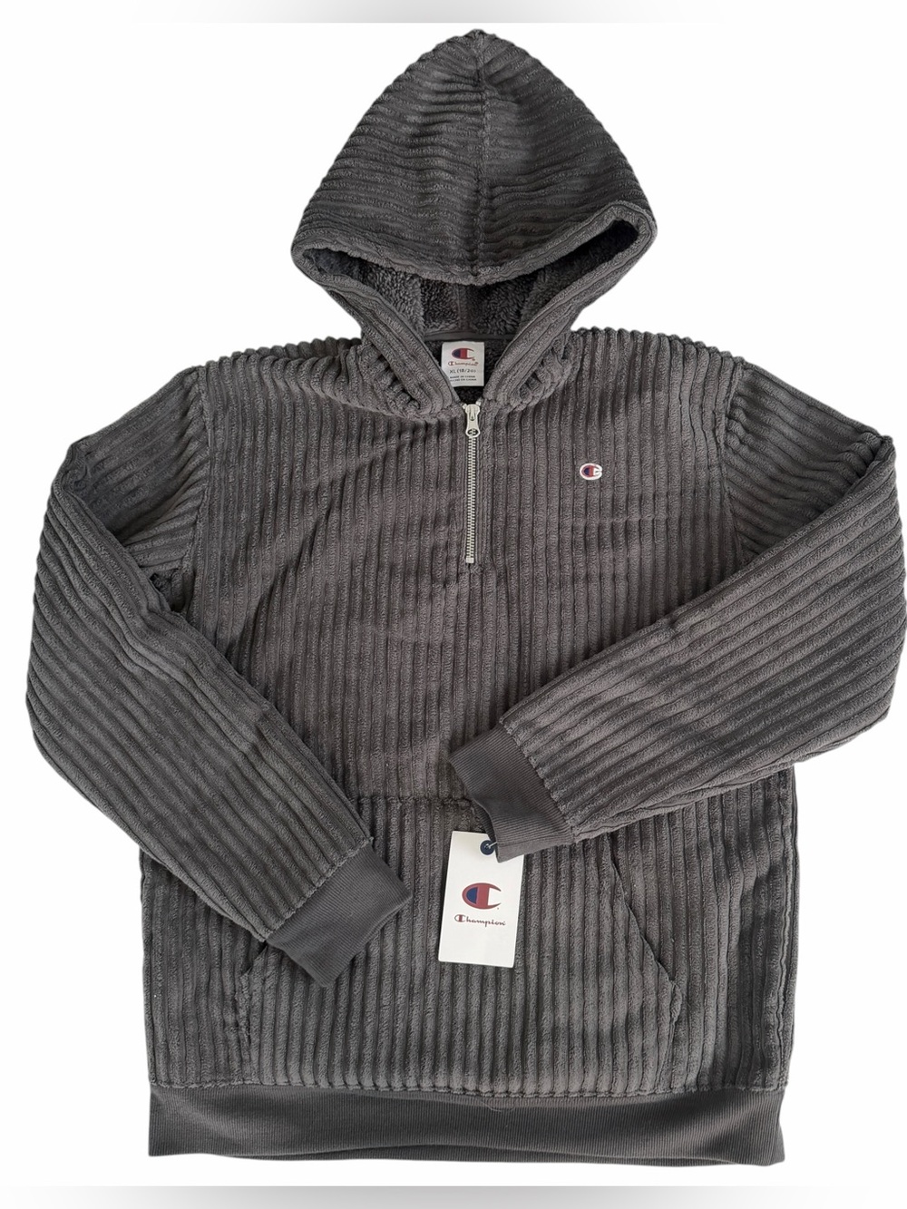 Champion Boys XL 18/20 Gray Corduroy Quarter Zip Hoodie NWT